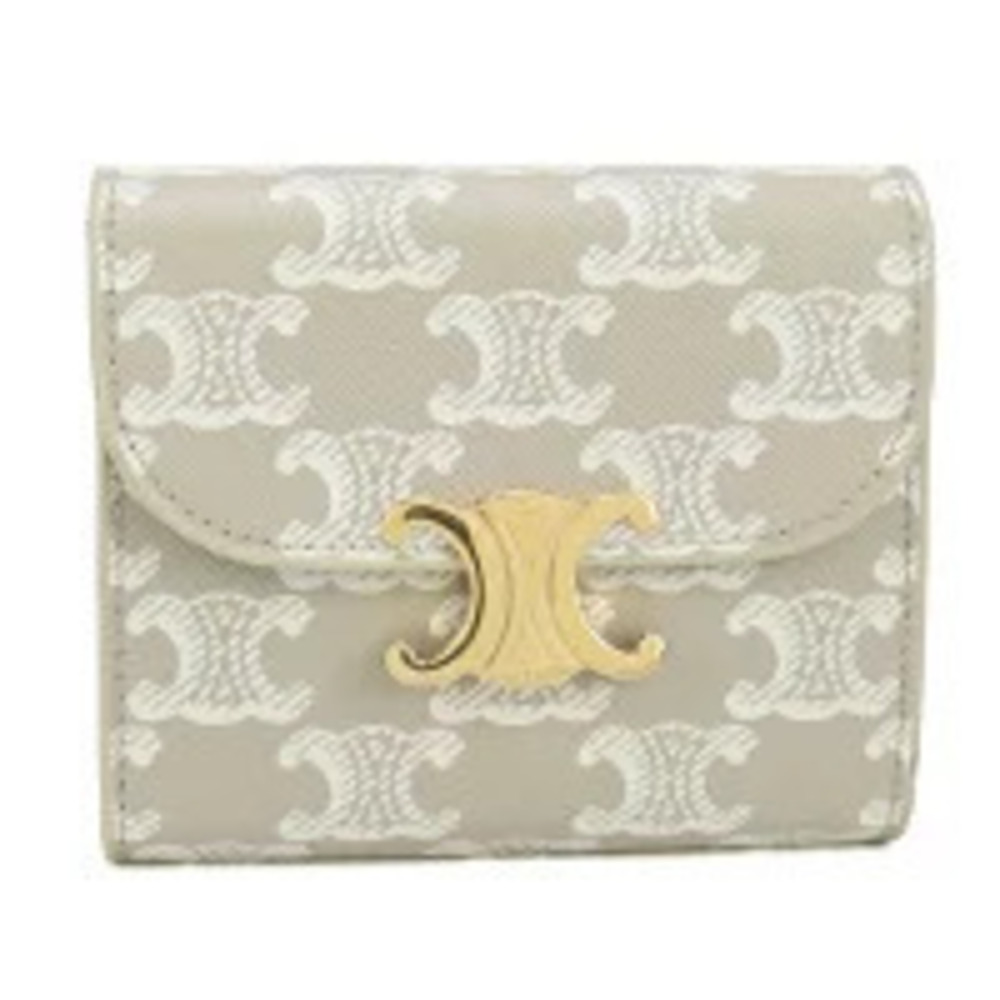 Celine Tri fold Wallet Compact Triomphe Canvas Flap Beige Cream